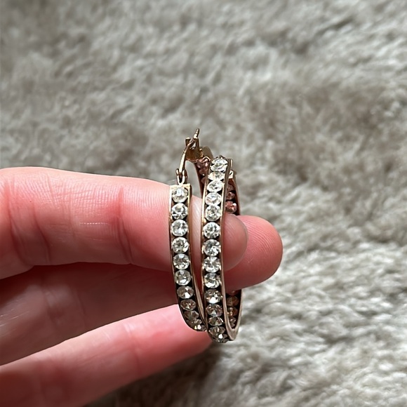 Vintage Rhinestone Gold Hoops - Picture 1 of 9